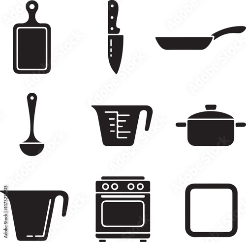 Kitchen Utensil Icons: A set of neatly arranged icons depicting various kitchen utensils. Perfect for culinary projects, cooking-related designs.