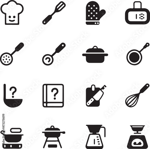Kitchen Utensil Icons: A set of neatly arranged icons depicting various kitchen utensils. Perfect for culinary projects, cooking-related designs.