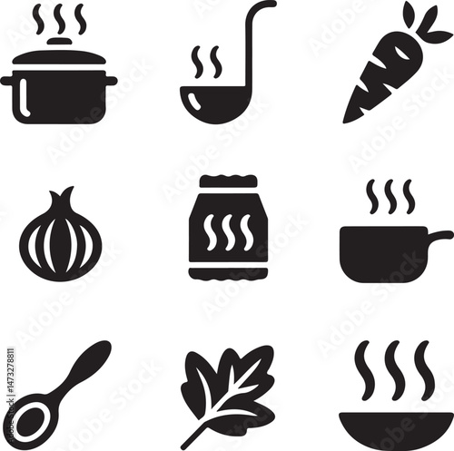 Kitchen Utensil Icons: A set of neatly arranged icons depicting various kitchen utensils. Perfect for culinary projects, cooking-related designs.