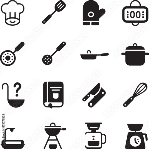 Kitchen Utensil Icons: A set of neatly arranged icons depicting various kitchen utensils. Perfect for culinary projects, cooking-related designs.