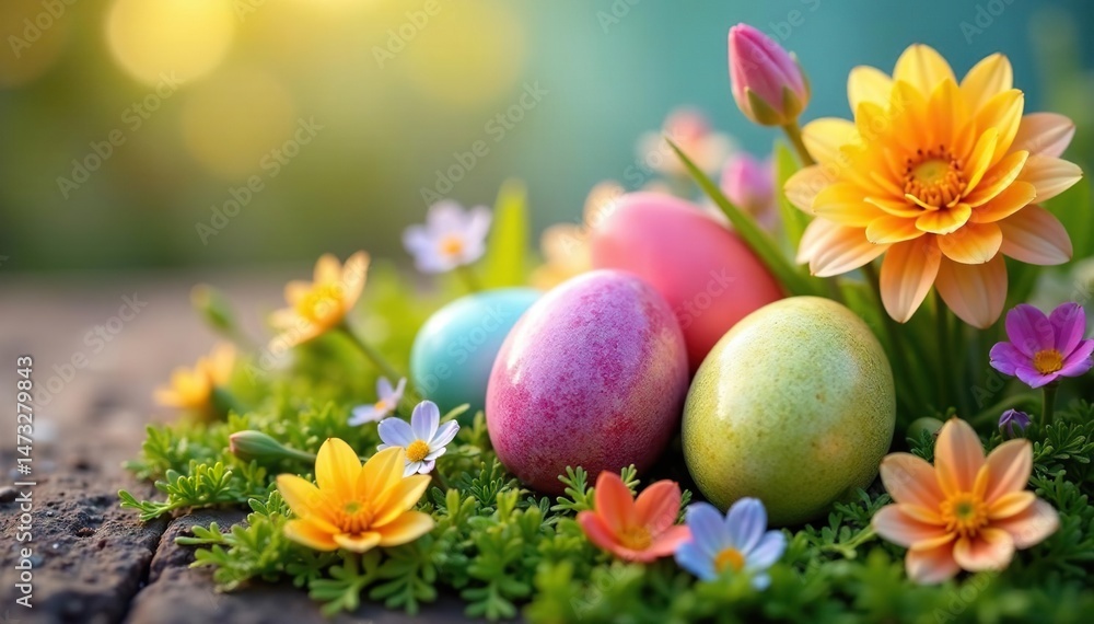 Vibrant Easter eggs nestled amongst colorful spring flowers , bunny, Easter decoration, rabbit Vibrant Easter eggs nestled amongst colorful spring flowers , bunny, Easter decoration, rabbit