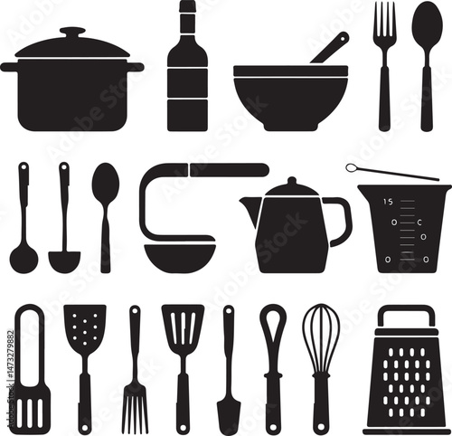 Kitchen Utensil Icons: A set of neatly arranged icons depicting various kitchen utensils. Perfect for culinary projects, cooking-related designs.