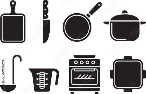 Kitchen Utensil Icons: A set of neatly arranged icons depicting various kitchen utensils. Perfect for culinary projects, cooking-related designs.