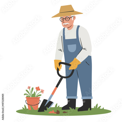 Senior man gardening outside - passionate elderly gardener with graying temples tends blooming plants in summer garden, his hands carefully weeding flower beds.
