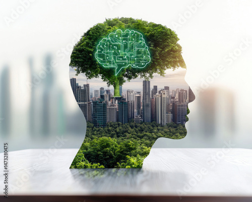A human head silhouette reveals a cityscape within a lush, green tree, symbolizing sustainable urban development and intelligent environmental solutions