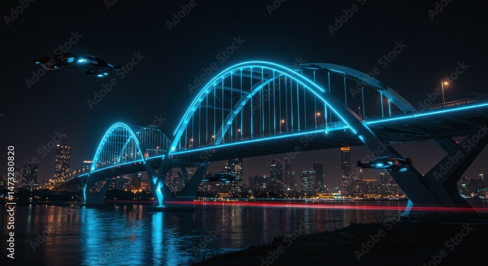 Fototapeta premium Night View of Bridge with Glowing Lights