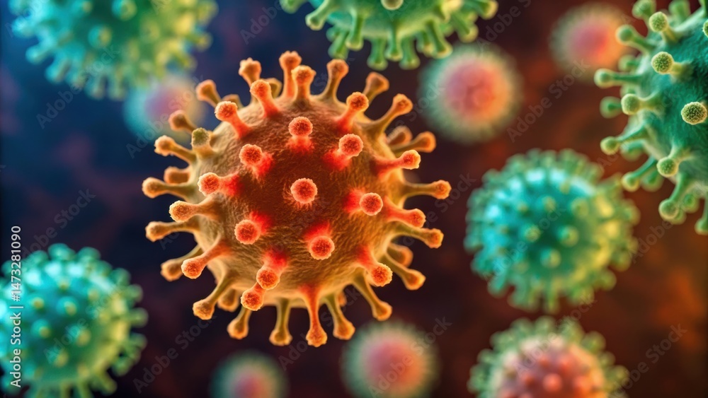 Fototapeta premium Microscopic view of viruses in vibrant colors, showcasing their structure and complexity in a scientific context.