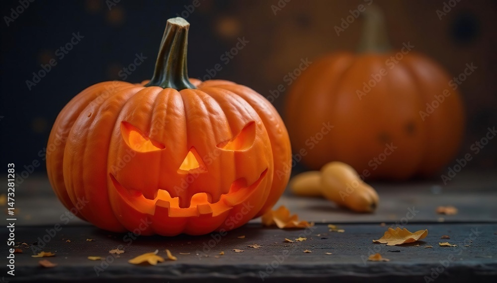 A perfectly carved Halloween pumpkin sits on a rustic wooden surface, glowing softly , rustic, fall decor A perfectly carved Halloween pumpkin sits on a rustic wooden surface, glowing softly , rustic, fall decor