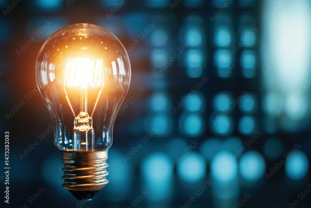 Illuminated incandescent light bulb glowing against blurred blue background symbolizing creativity innovation and bright ideas
Illuminated incandescent light bulb glowing against blurred blue background symbolizing creativity innovation and bright ideas