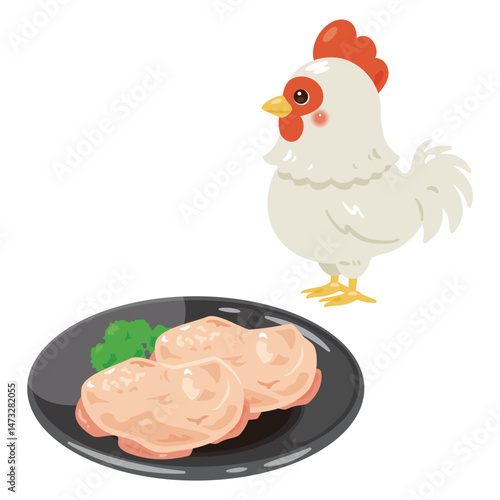 皿に盛られた鶏肉とニワトリのイラスト