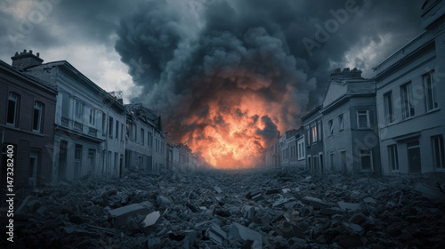 A city is destroyed by a fire and rubble
