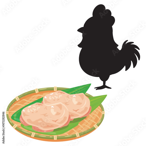 ザルに盛られた鶏肉とニワトリのシルエットイラスト
