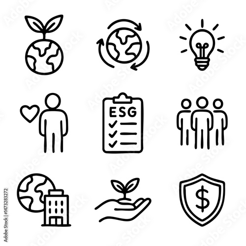 A set of doodle line icons representing ESG themes like environmental care, social values, governance, corporate ethics, and sustainability
