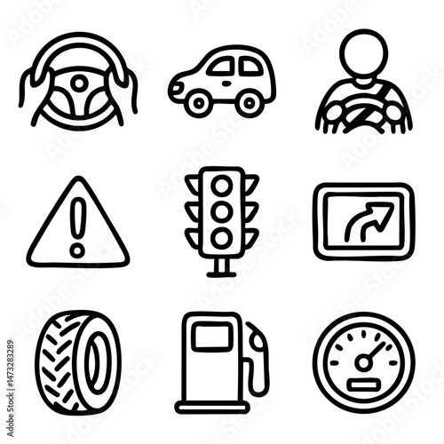 A set of doodle line icons related to driving and cars, including steering wheel, fuel pump, GPS, tire, and traffic signals