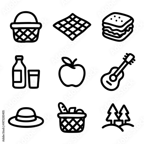 A set of doodle line icons featuring picnic items like basket, food, drinks, hat, blanket, apple, guitar, and nature scene