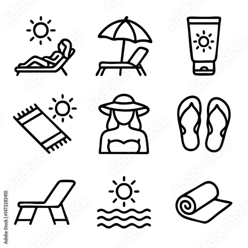 A set of doodle line icons representing summer beach activities and items like sunbathing, flip flops, sunscreen, towels, and lounge chairs