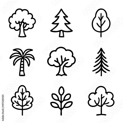 A set of doodle line icons featuring different tree shapes including pine, oak, palm, and leafed trees for nature and forest themes