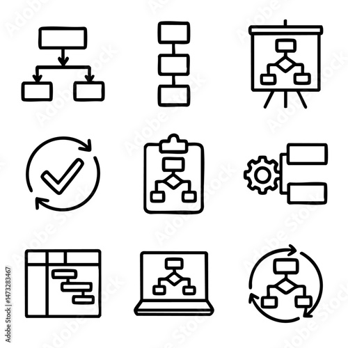A set of doodle line icons representing flowcharts, workflows, task management, charts, and project planning in business or software contexts