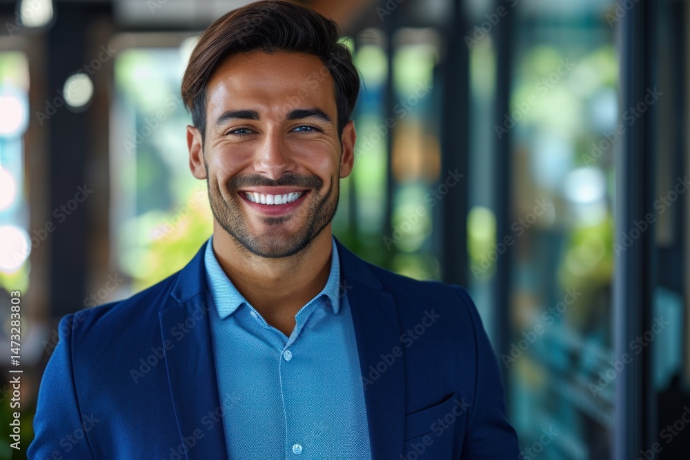 Obraz premium A smiling man in a blue suit standing in front of a glass door.