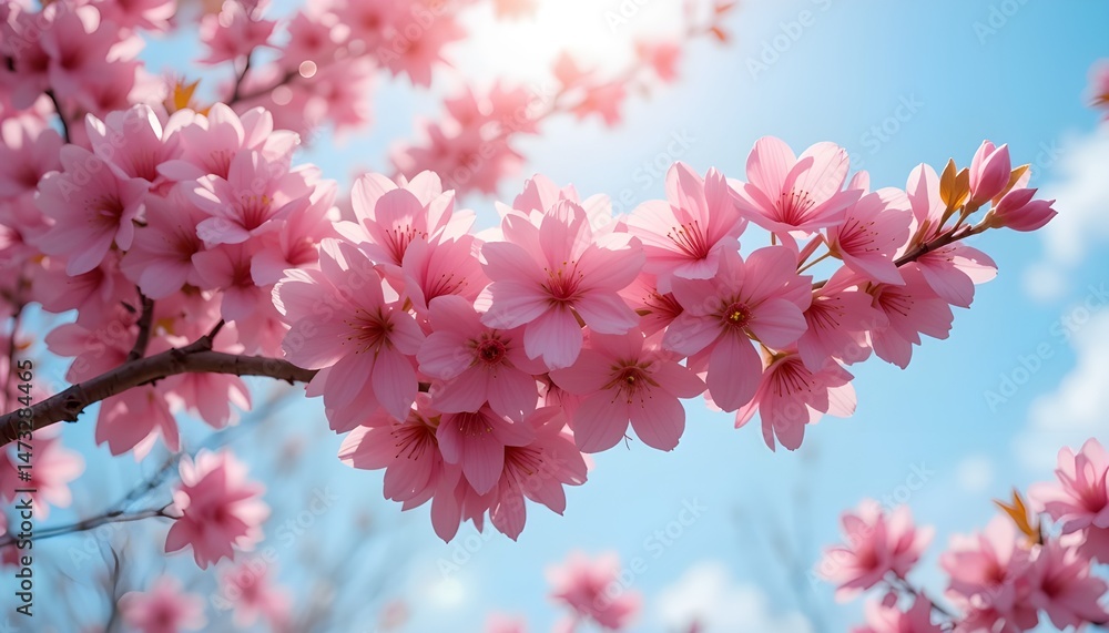 Horizontal Banner with Pink Sakura Flowers on Sunny Backdrop for Elegant Spring and Floral Design Horizontal Banner with Pink Sakura Flowers on Sunny Backdrop for Elegant Spring and Floral Design