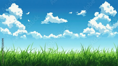 Lush green grass field under a vibrant blue sky (1)