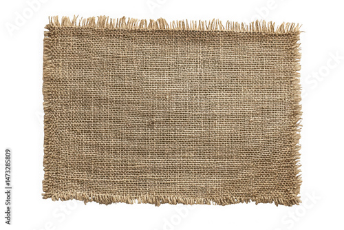 Close-up of a woven burlap fabric swatch with frayed edges, showcasing its texture and detail isolated on transparent background