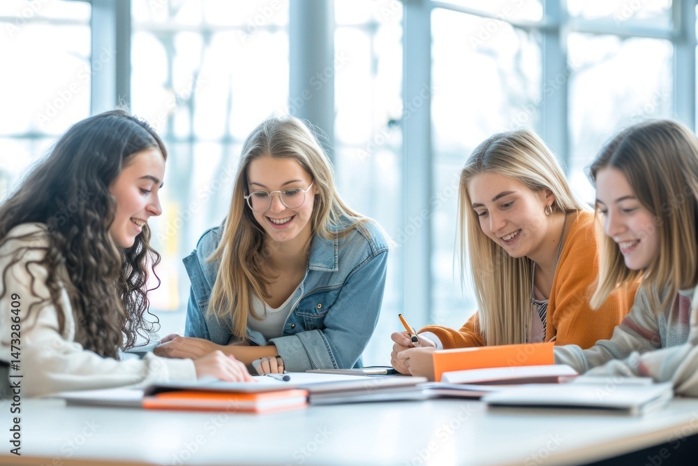 Four students sitting at a table in a classroom, engaged in a collaborative study session. Four students sitting at a table in a classroom, engaged in a collaborative study session.