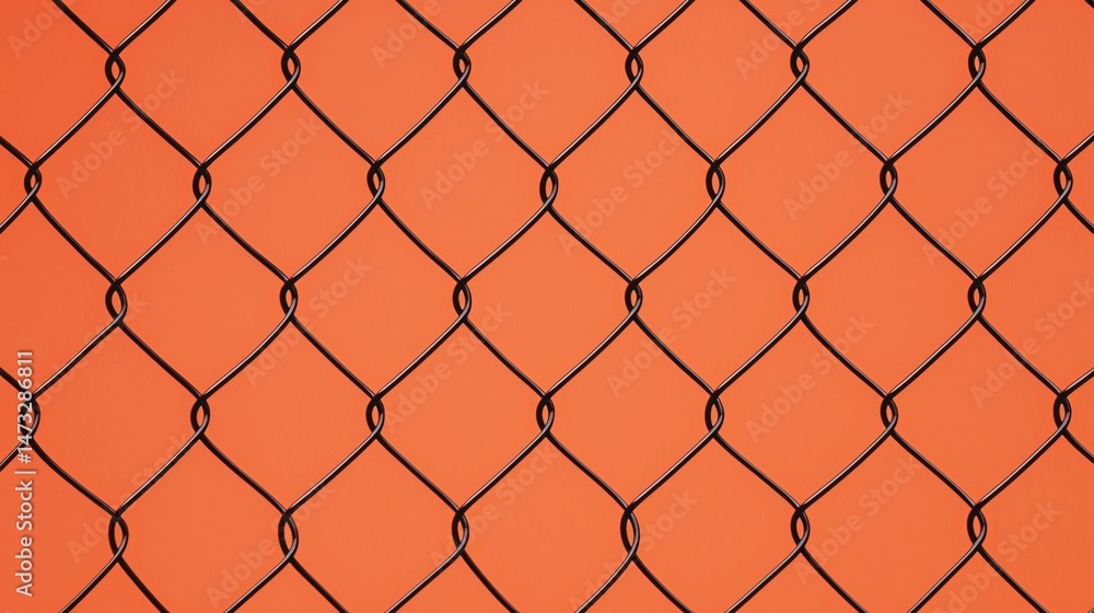 Fototapeta premium A metal wire fence with a diamond pattern stands against an orange background.