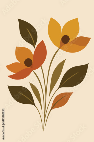 Geometric floral artwork with vibrant flowers in burnt orange, terracotta, and mustard yellow. Deep brown and olive green leaves with subtle beige stems. 