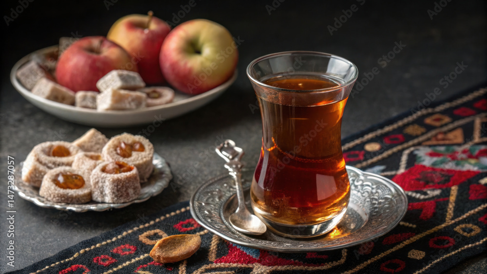Glass of Turkish tea served on traditional tray with spoon, accompanied by Turkish delights, cookies, and fresh apples on dark background Glass of Turkish tea served on traditional tray with spoon, accompanied by Turkish delights, cookies, and fresh apples on dark background