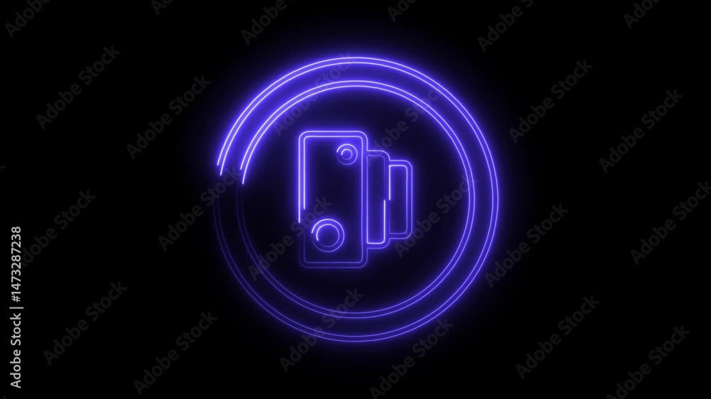 Glowing purple neon digital camera icon with circular elements animation on black background Glowing purple neon digital camera icon with circular elements animation on black background