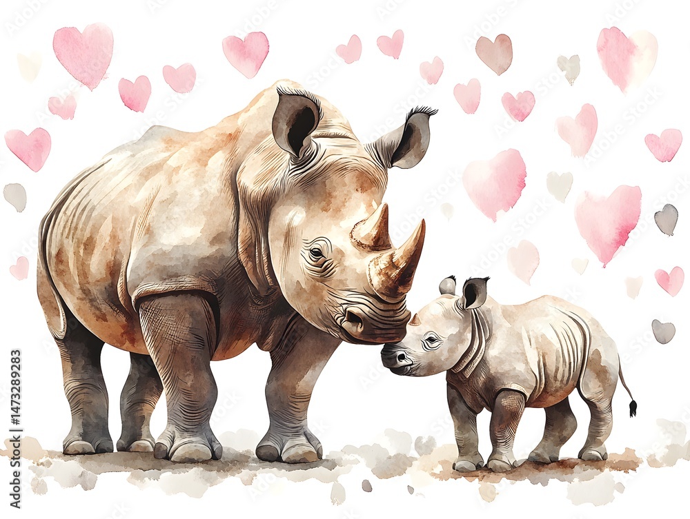 Fototapeta premium A watercolor painting of a mother rhinoceros and her adorable baby calf surrounded by delicate pink hearts.