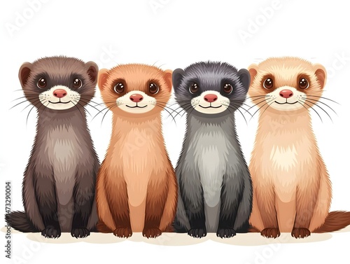 Four adorable ferrets in different colors sit together in a row on a white background showing their cute faces.