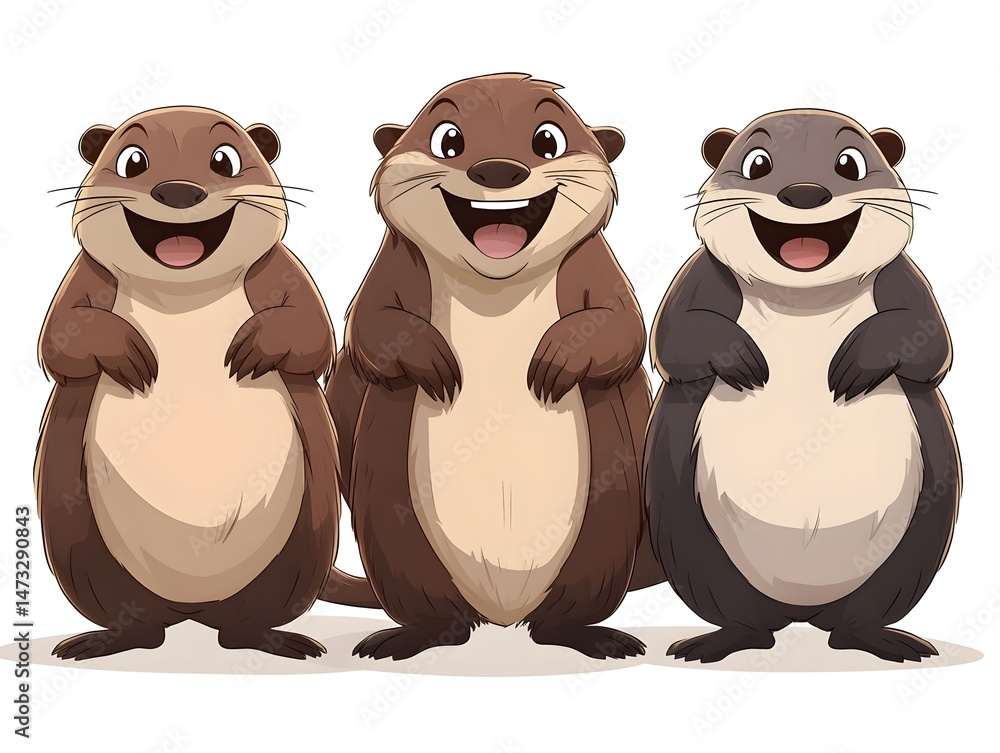 Fototapeta premium Three adorable cartoon otters stand together smiling happily in a playful illustration perfect for children's books or websites.
