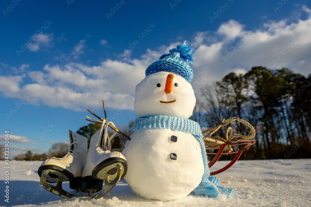 Obraz premium Snowman on snow winter background. Winter holiday scene. Snowman with scarf and hat. Happy snowman outdoor. Winter banner. Frosty snowman. Winter greeting card. Cute snow man. Winters holidays.