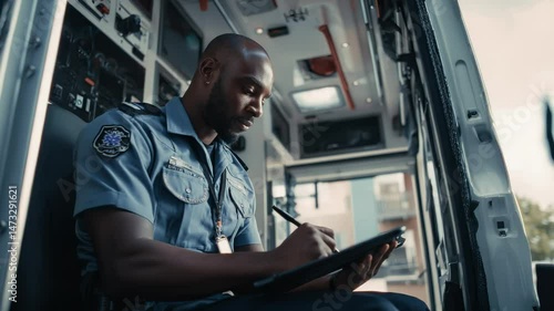 Black paramedic sitting inside an ambulance, diligently taking notes on a digital tablet after responding to an emergency call, ensuring accurate documentation for patient care