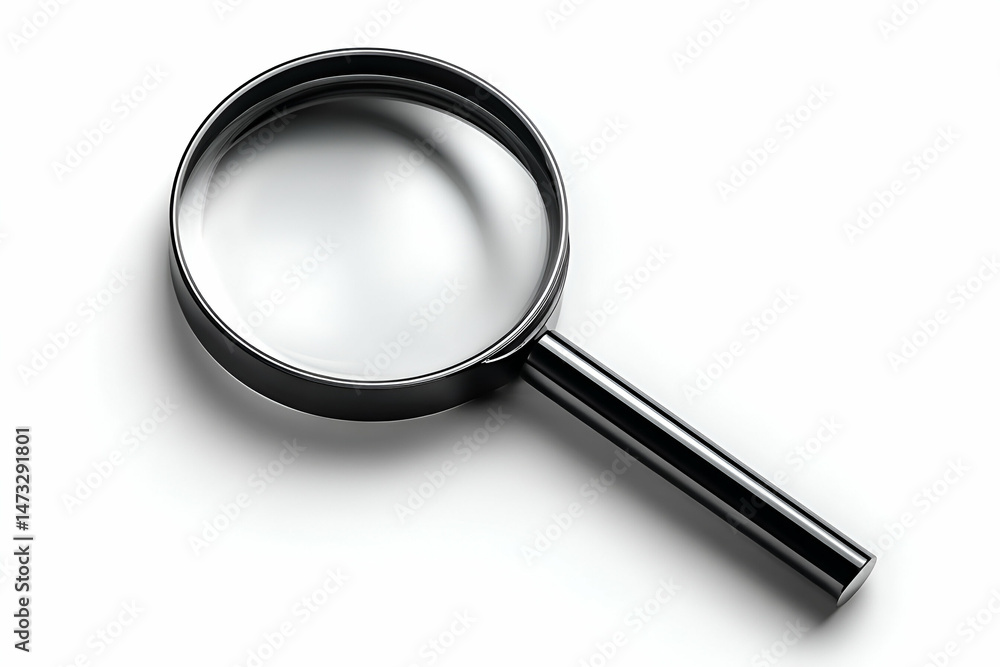 A sleek black magnifying glass on a white background, symbolizing search, investigation, and examination for various contexts. A sleek black magnifying glass on a white background, symbolizing search, investigation, and examination for various contexts.