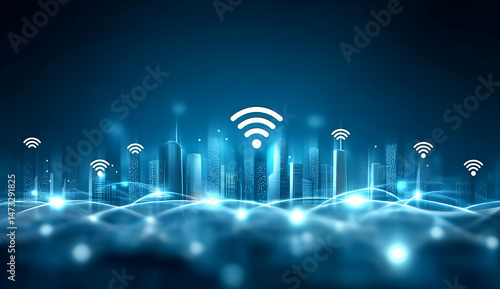 Digital network concept with wireless signals and urban skyline design, showcasing the connection of modern technology and innovation.