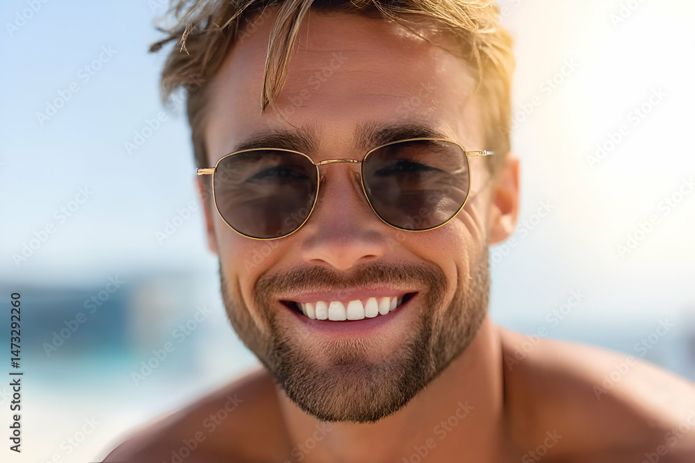 A cheerful young man with sunglasses smiles at the beach, embodying a carefree summer vibe and a sense of joy and relaxation. A cheerful young man with sunglasses smiles at the beach, embodying a carefree summer vibe and a sense of joy and relaxation.