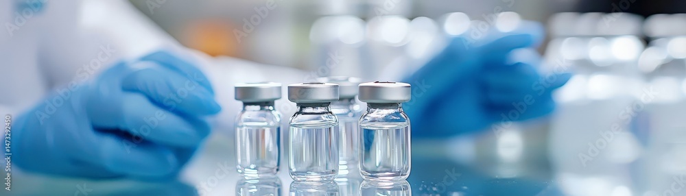 Navigating COVID Lockdowns and Building Immunity for a Safer Tomorrow, Laboratory scene with vials and gloved hands, suggesting medical research or pharmaceutical work.