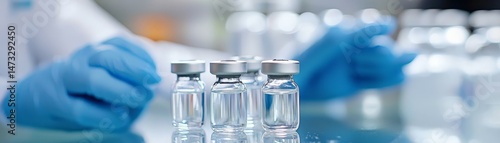 Obraz na płótnie Navigating COVID Lockdowns and Building Immunity for a Safer Tomorrow, Laboratory scene with vials and gloved hands, suggesting medical research or pharmaceutical work. w salonie
