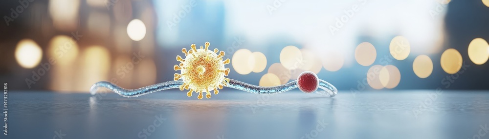 Navigating COVID Lockdowns and Building Immunity for a Safer Tomorrow, A creative representation of a virus model against a soft-focus urban backdrop.