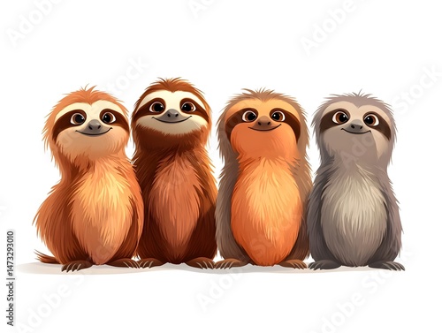 Four adorable cartoon sloths sit together in a row smiling happily against a white background.