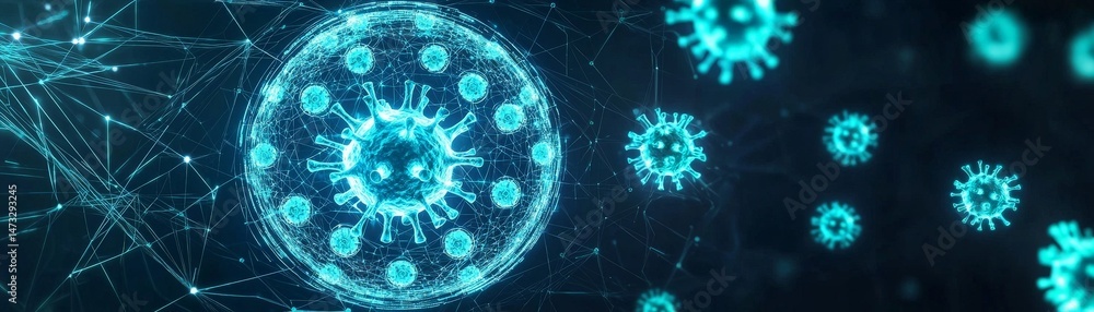 Navigating COVID Lockdowns and Building Immunity for a Safer Tomorrow, Digital illustration of virus particles in a network, showcasing scientific concepts related to health and biology.