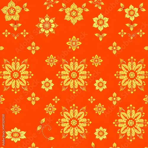 Traditional Chinese gold floral fabric pattern on amber orange background.