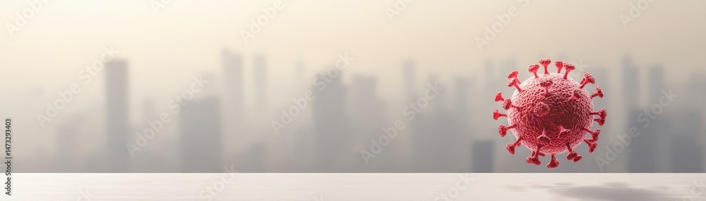 Navigating COVID Lockdowns and Building Immunity for a Safer Tomorrow, Urban skyline shrouded in haze with a prominent virus illustration in the foreground.