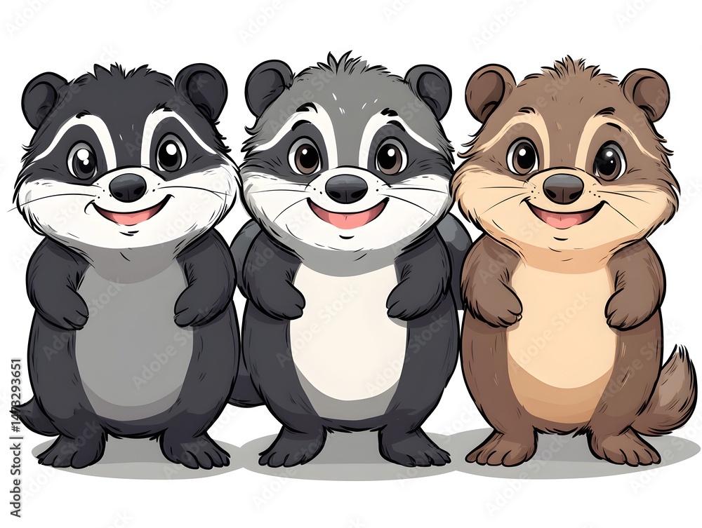 Obraz premium Three adorable cartoon baby raccoons stand together smiling cheerfully in a cute illustration perfect for children's books or prints.