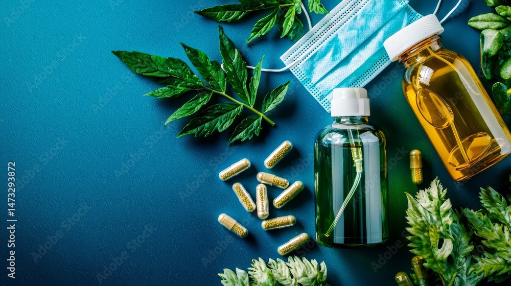 Navigating COVID Lockdowns and Building Immunity for a Safer Tomorrow, Natural health products with leaves, capsules, and masks on a textured background.
