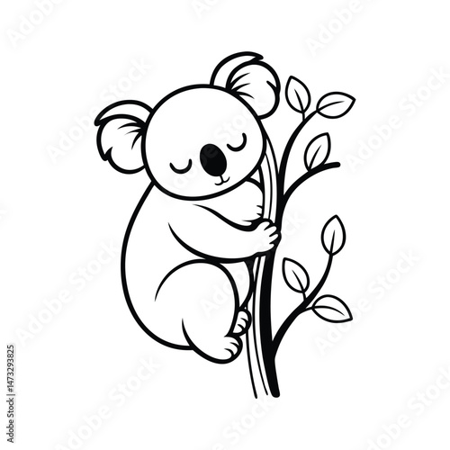 Vector line art silhouette of a sleepy koala clinging to a tree.