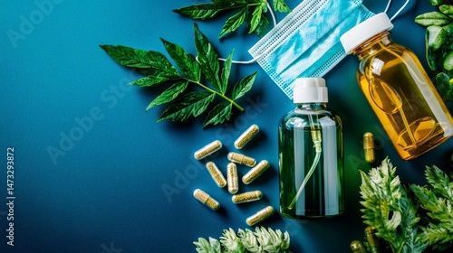 Obraz na płótnie Navigating COVID Lockdowns and Building Immunity for a Safer Tomorrow, Natural health products with leaves, capsules, and masks on a textured background. w salonie